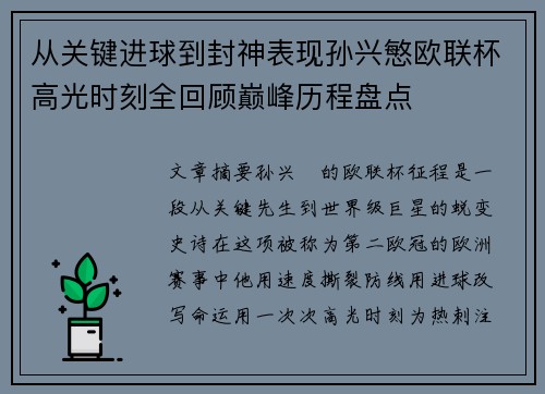 从关键进球到封神表现孙兴慜欧联杯高光时刻全回顾巅峰历程盘点