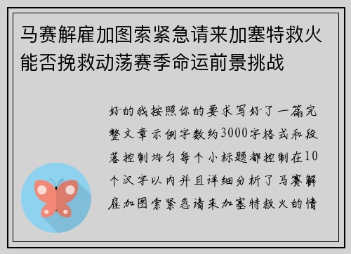 马赛解雇加图索紧急请来加塞特救火能否挽救动荡赛季命运前景挑战